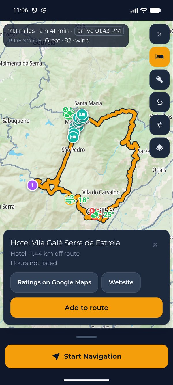 MotoCast on an Android phone: hotels marked along the Serra da Estrela route, with a card for Hotel Vila Gale Serra da Estrela, 1.44 km off the route, with buttons for ratings on Google Maps, its website, and Add to route.