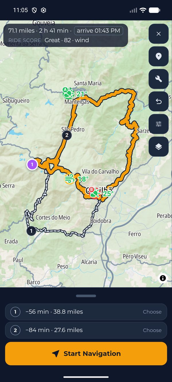 MotoCast on an Android phone: a 71 mile route from Manteigas over Torre to Covilha on the N338 in Portugal's Serra da Estrela, with the weather at each stage on the map and a ride score of Great, 82.
