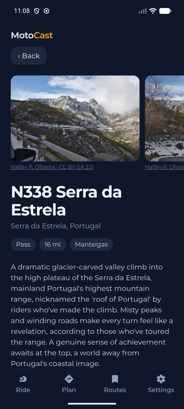 The N338 Serra da Estrela page in MotoCast's Roads: a photo of the glacier valley under snow, the road's name, Pass, 16 miles, Manteigas, and a description of the climb.