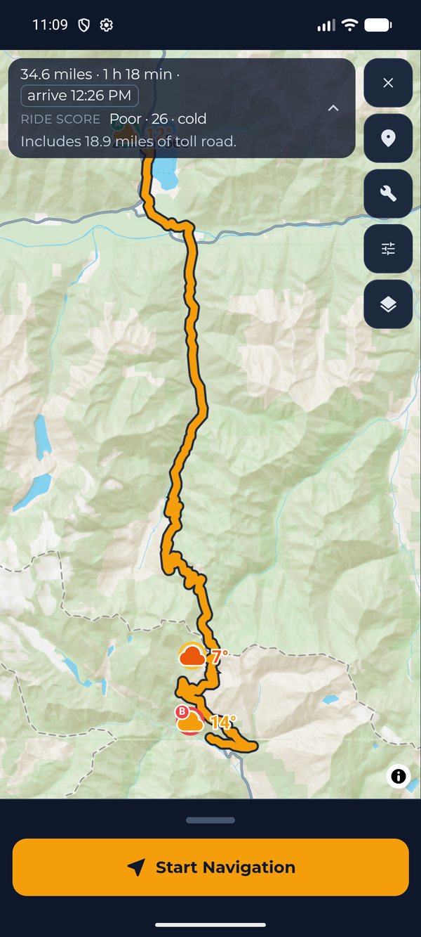 MotoCast on an Android phone: Zell am See to Heiligenblut over the Grossglockner, 34.6 miles, ride score Poor, 26, cold, 7 degrees at the top, and 18.9 miles of toll road.