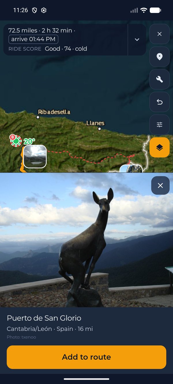 A curated road's photo opened over the map: the chamois statue at the Puerto de San Glorio, Cantabria and Leon, Spain, 16 miles, with the photographer's credit and an Add to route button.