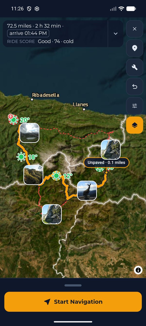 MotoCast's map in satellite view over the Picos de Europa: a 72 mile route from Potes to Cangas de Onis, the curated roads drawn as red dashed lines, and photos of them pinned along the way.